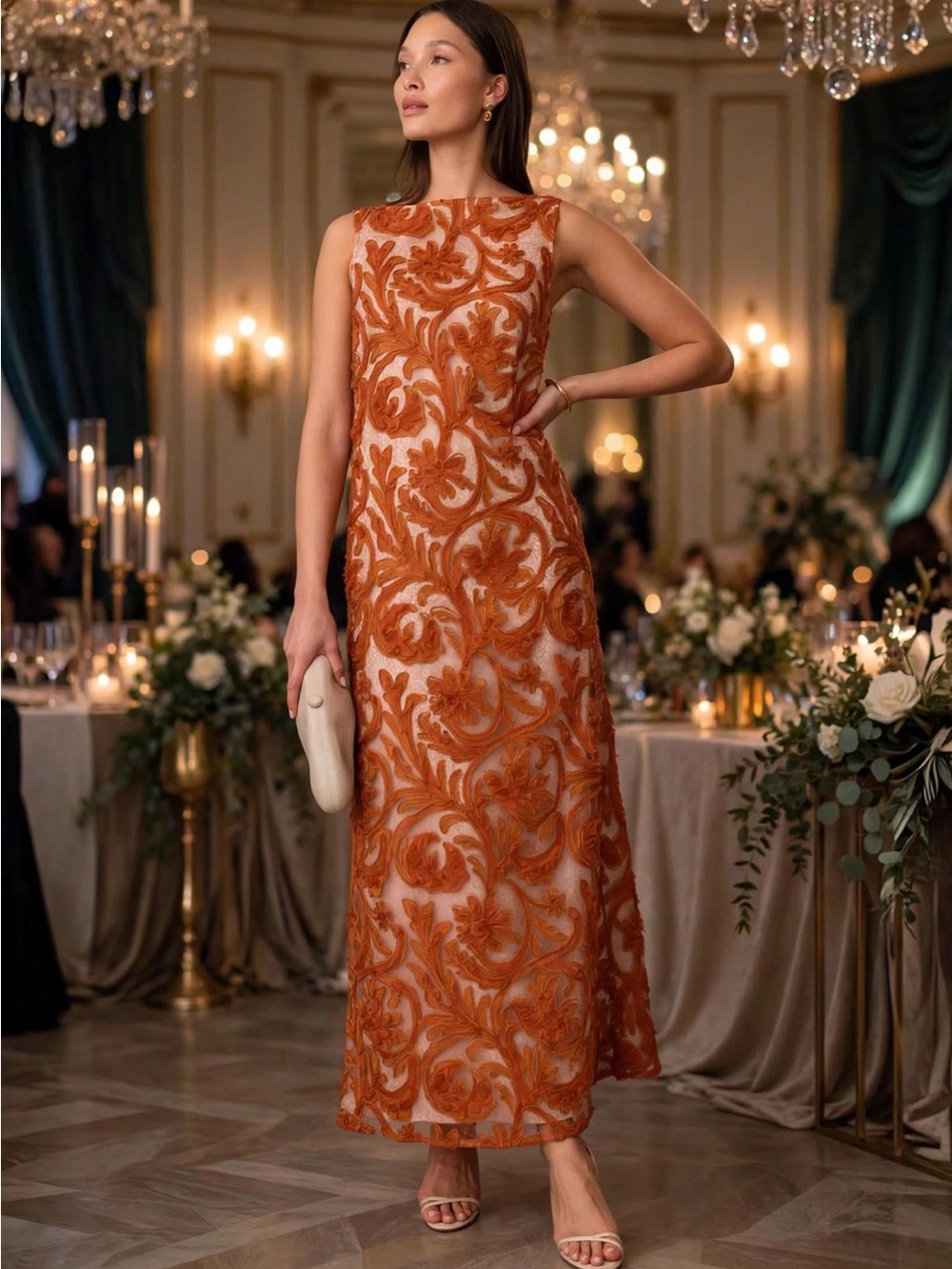 o.p.t Leanne Dress Sleeveless Burnt Orange Lace Overlay Maxi Dress size XL